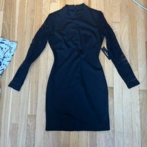 Black Long Sleeve Mockneck Minidress with Lace Sleeves
